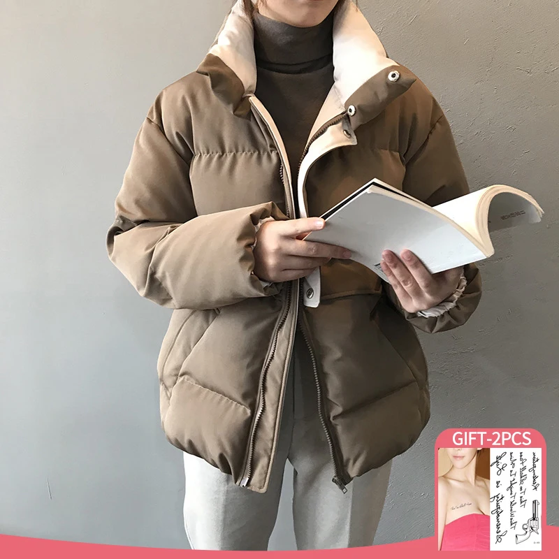 Winter Warm Jacket Coat Women Casual Korean Style Solid Color Padded Jackets Parkas Zipper Straight Outwear Femme Clothing