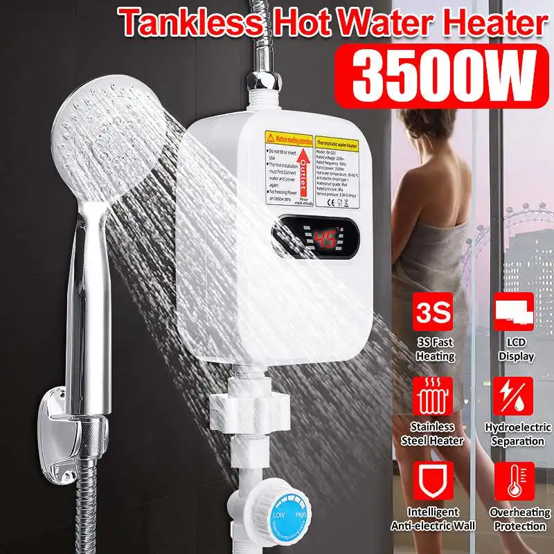 

3500W 220V Instant Water Heater Shower 3S Heating Bathroom Kitchen Tankless Electric Water Heater Temperature Display EU Plug