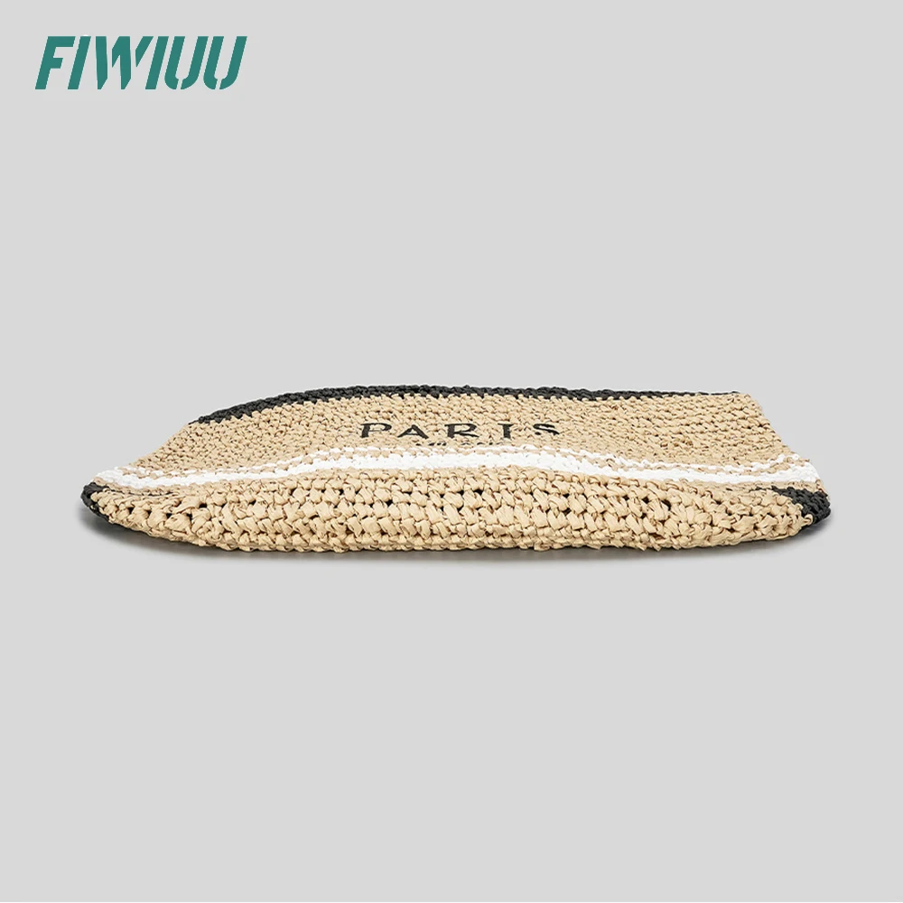Fiwiuu Womens Handmade Straw Bag Travel Beach Tote Fishing Mesh Bag Straw Woven Bag Shopper Bag With Letter Print