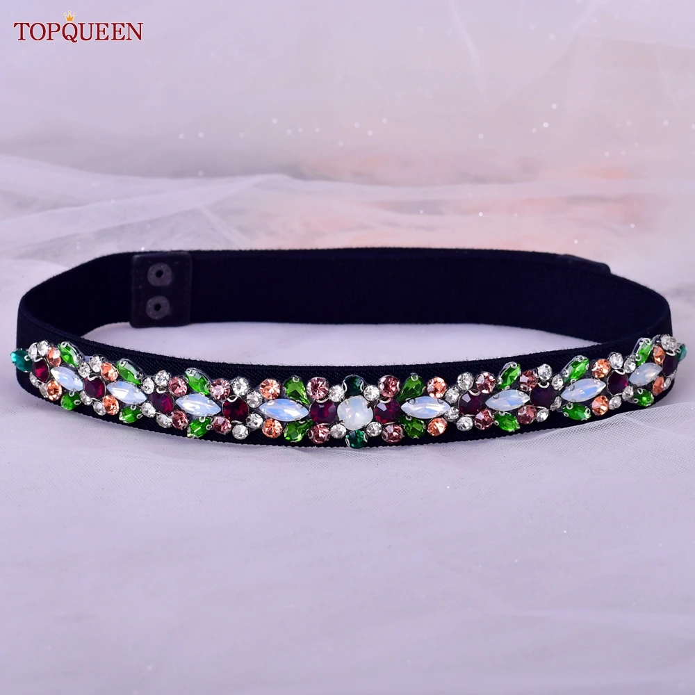TOPQUEEN S113 Elastic Belt for Women Fashion Daily with Colorful Diamond Luxury Party Evening Dress Black Waistband Accessories