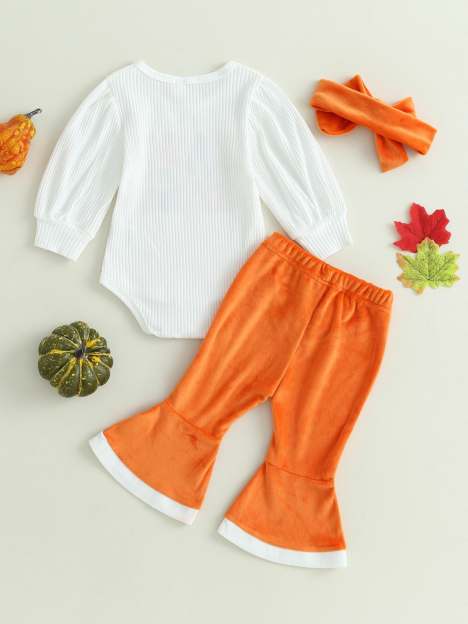 

Cute and Cozy Halloween Baby Girl Costume Set Pumpkin Romper Flare Pant Headband and Bell Bottoms - Perfect Fall