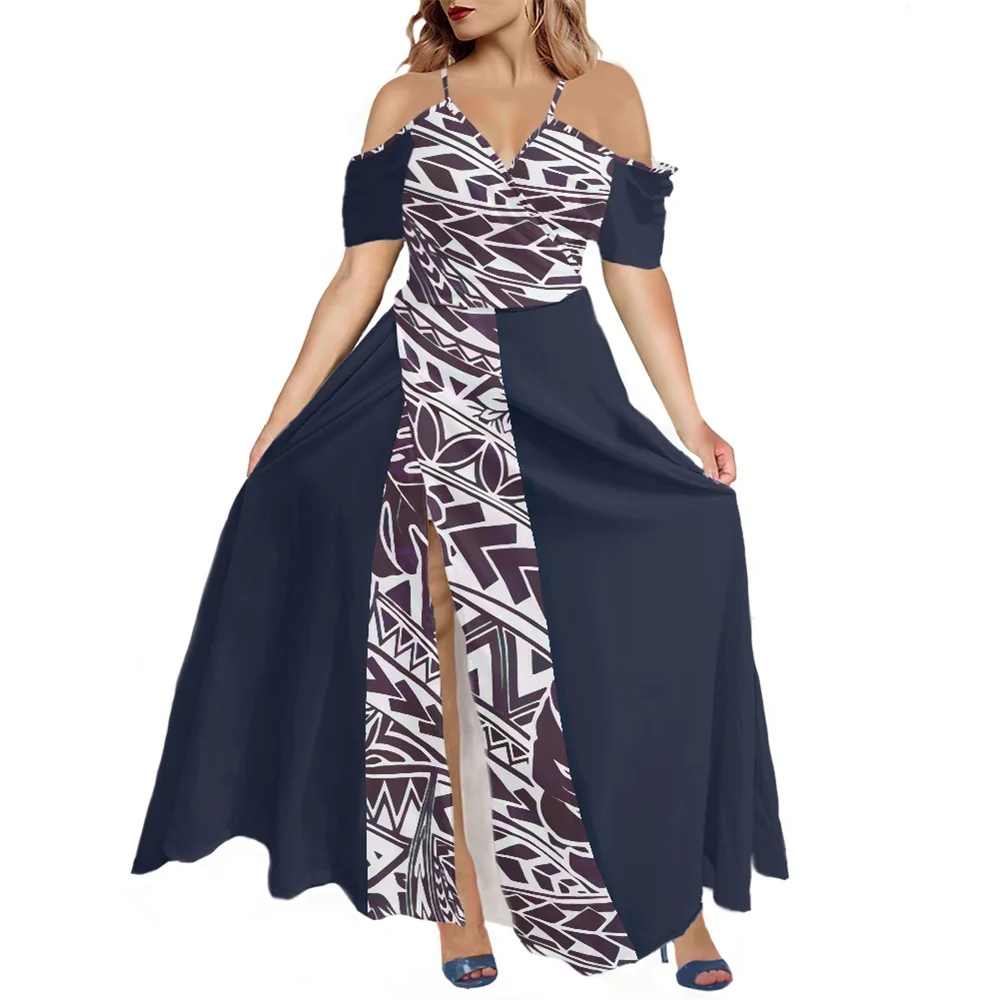 

Drop Shipping Ladies Split Side Short Sleeve Dress Bigger Dress Polynesian Traditional Hibiscus Print Casual Deep V Neck Dresses