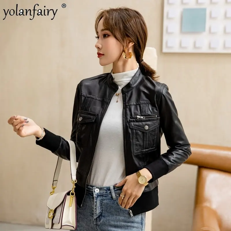 Autumn Sheepskin Bomber Coat Women's Leather Jacket High Waist Slim Short Motorcycle Jacket Female Clothes Roupas Femininas FCY