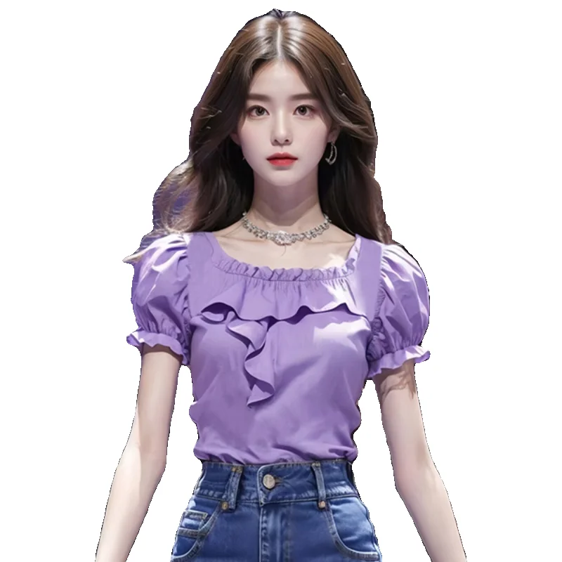 Новинка лета 2024 фиолетовые рубашки с оборками и коротким рукавом допаминовая