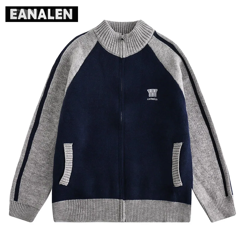 

Harajuku Vintage Sweater Contrast Striped Knitted Sweater Jacket Men's Oversized Zipper Cardigan Women Grandpa Ugly Sweater Y2K