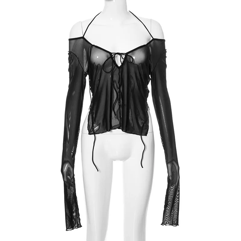 

Y2k Punk Mesh See Through T-shirts Women Cyber Sexy Summer Halter Tops Lace Up Techwear Black Patchwork Split Clothes