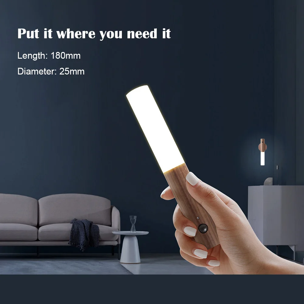 

Беспроводная лампа с автоматическим датчиком, искусственная кожа, деревянная перезаряжаемая Ночная лампа, кухонный шкаф, гардероб, лестница, настенная лампа, портативная лампа