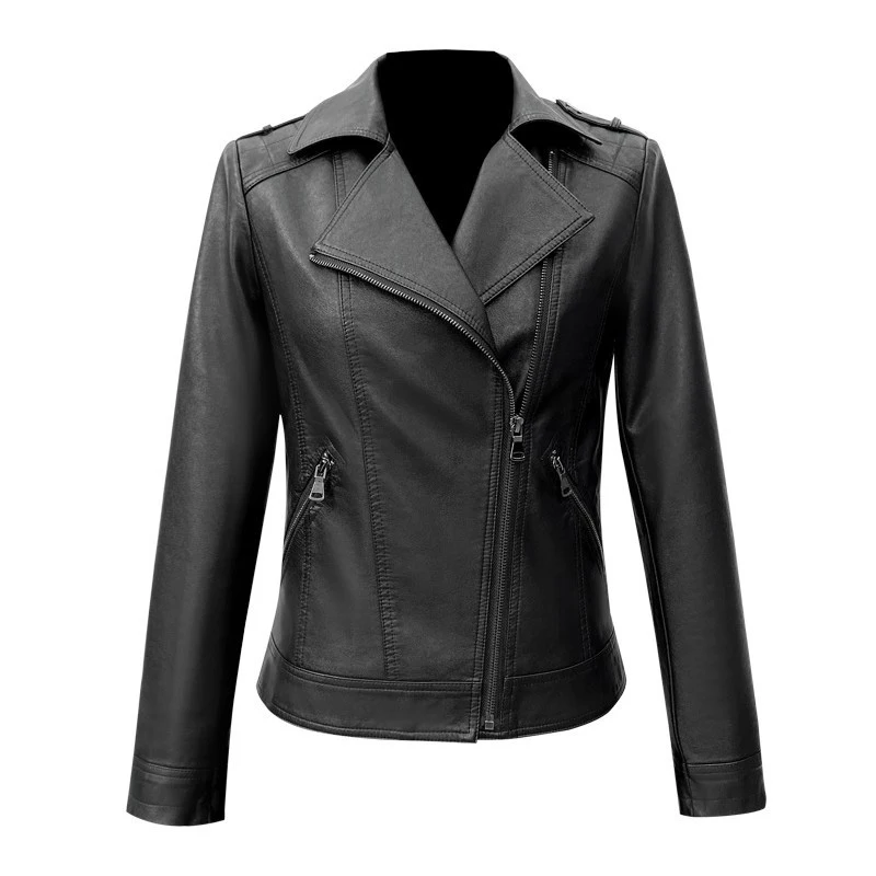 New Women Short Moto Leather Jacket Spring Autumn Fashion Turn-down Collar Slim Waist Sheepskin Jacket Split Leather Biker Coat