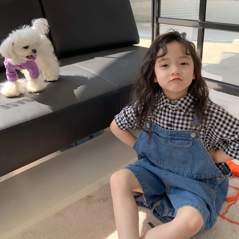 

MILA CHOU 2022 Summer Children Short-sleeve Plaid Shirt+Denim Overalls 2Pcs Suit Boy Girl Loose Bib Shorts Set Outfit For Kids