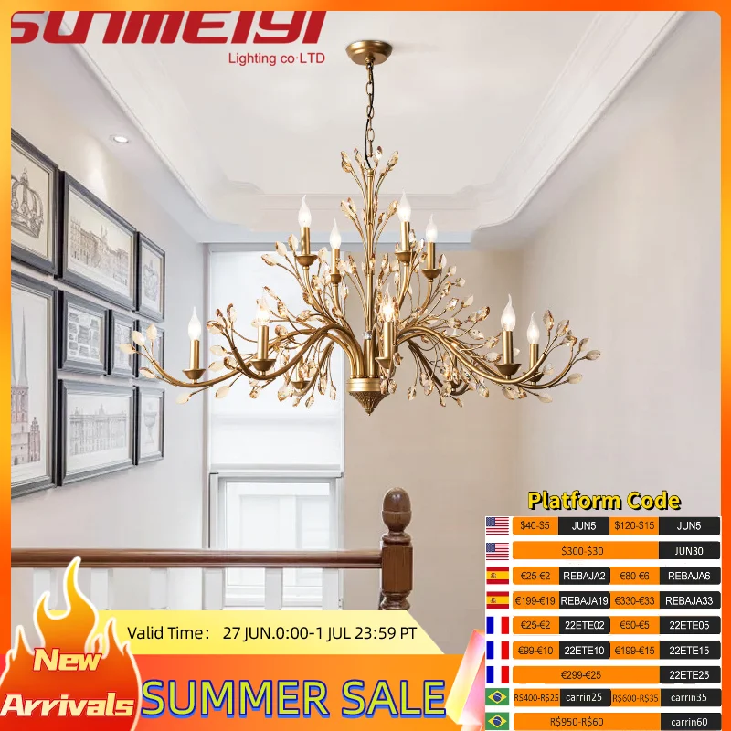 

American Vintage Luxury LED Chandeliers Light Iron Crystal Lamp For LivingDining Room Kitchen Hotel Hall Villa Stairway Lighting