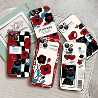 fashion art flower cat phone case for iphone 13 11 pro 12 mini max x xr xs 8 7 plus 6 6s se 2020 back soft liquid silicon