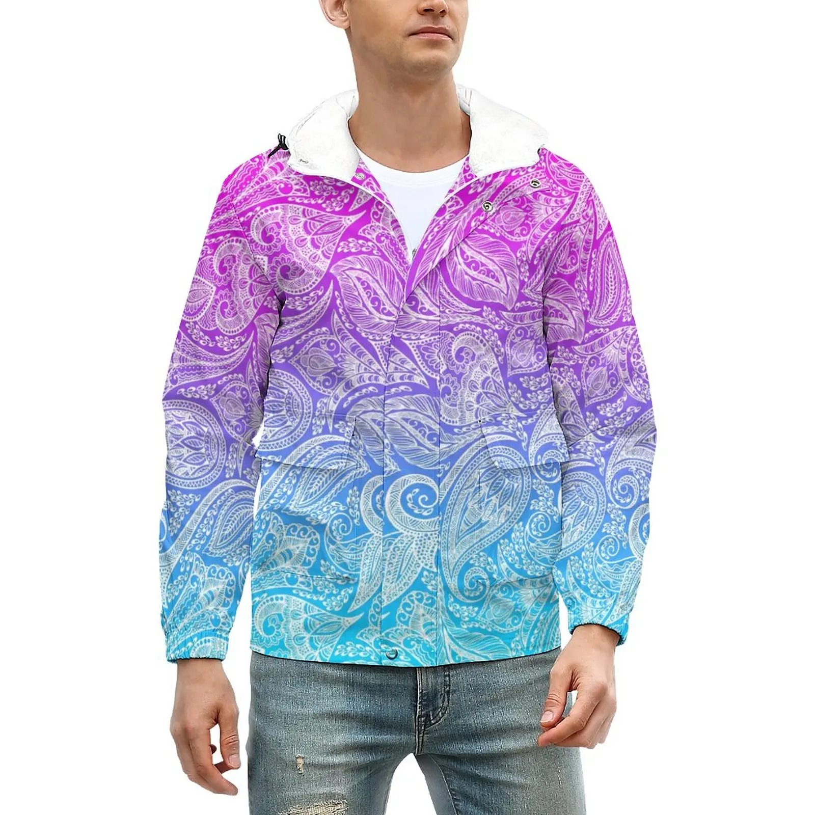 

Pink to Blue Ombre Thick Casual Jackets White Floral Paisley Coats Winter Street Wear Jacket Waterproof Graphic Loose Windbreak