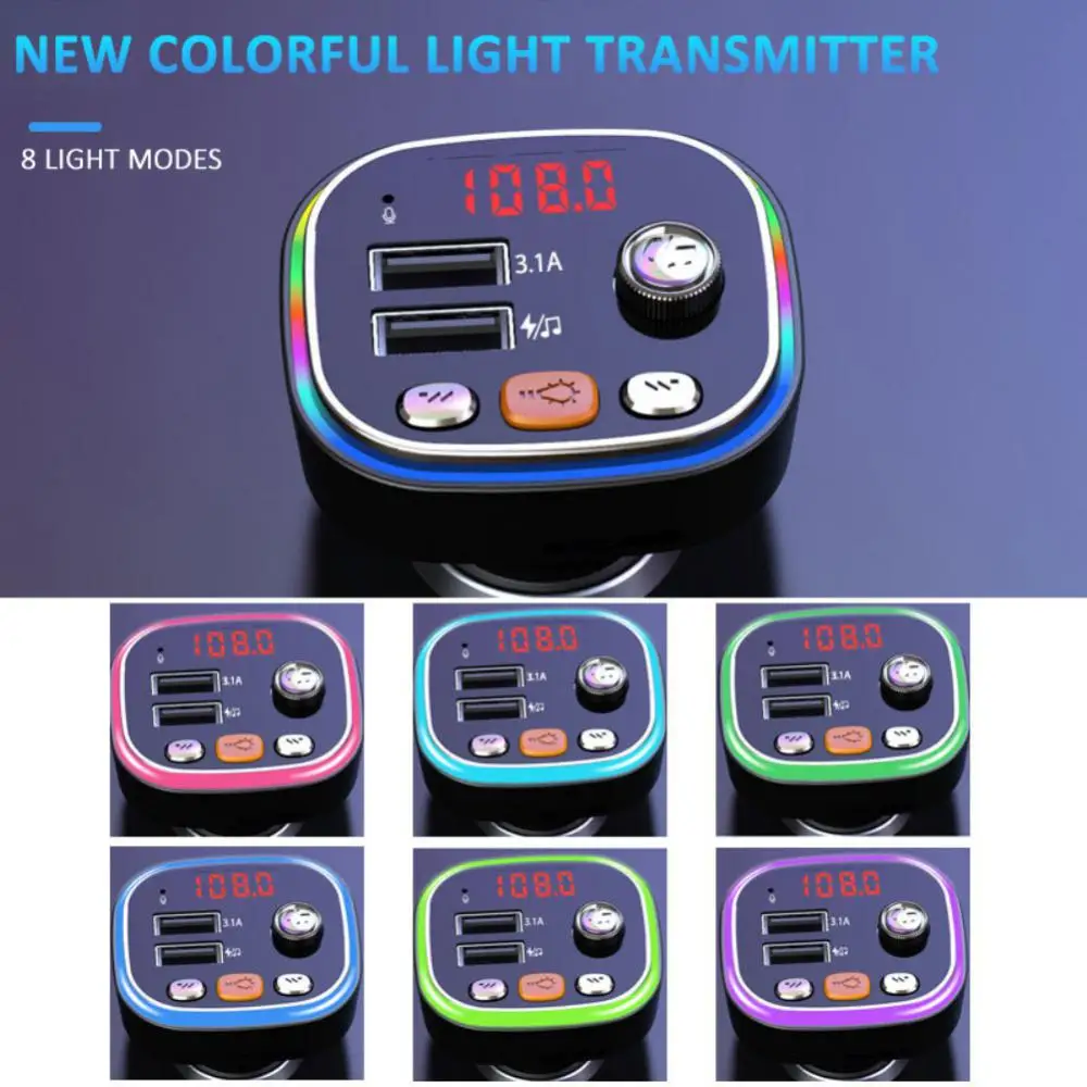 

Dual Usb Car Charger 3.1a Fast Charging Car Bluetooth Fm Transmitter Multifunctional Car Accessories Colorful Lights