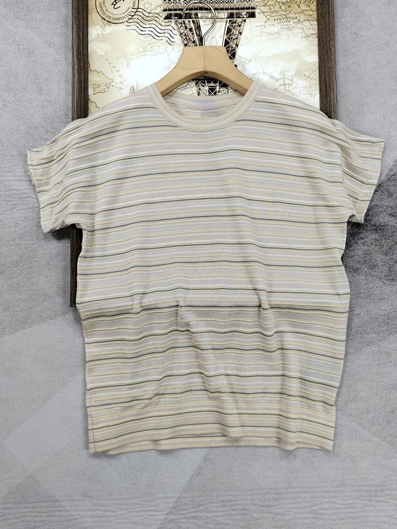 Шелковый кашемировый полосатый трикотажный топ с круглым вырезом и коротким