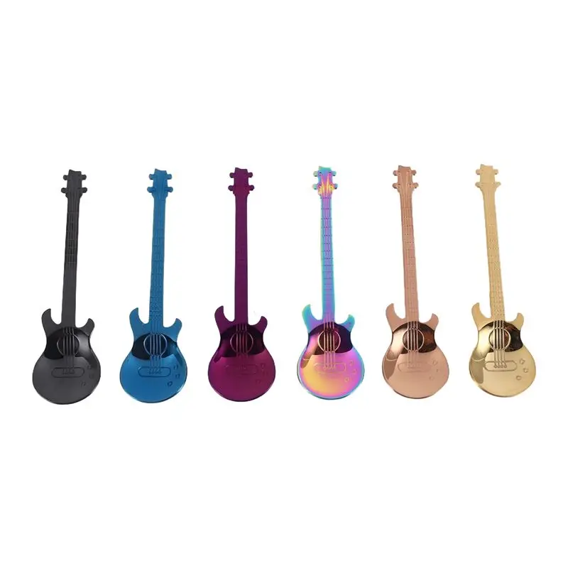Фото Кофейные ложки BHTS-Guitar, 6 штук, креативные милые ложки из нержавеющей стали в форме гитары (разноцветные) №1