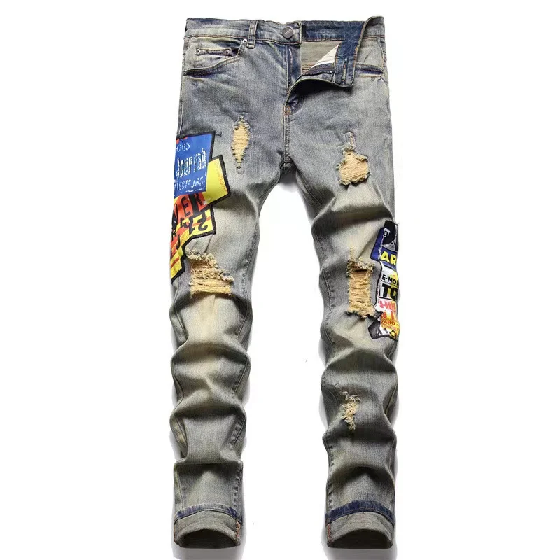 Embroidery Patchwork Ripped Jeans Trend Brand Motorcycle Pant Mens Skinny Jeans