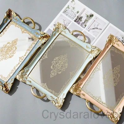 

Rectangular French Tea Fruit Tray Desktop Decoration Jewelry White Printing Storage Tray Carved Resin Tray Home Bedroom