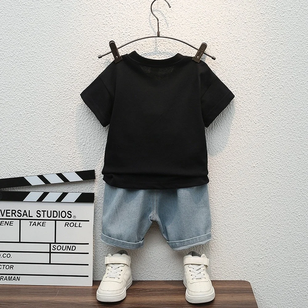 2022 Boys' Clothing Summer Clothes New 1-5 Years Old Cartoon Printed Round Neck T-shirt Casual Jeans Short Sleeved Suit 2PCS