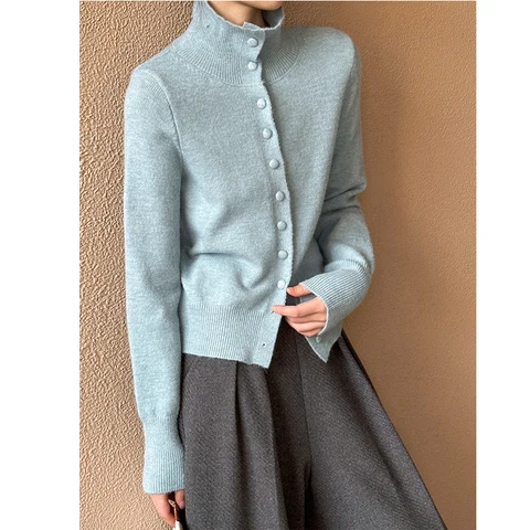 2024, женский мягкий вязаный свитер с воротником-стойкой, длинным рукавом, кардиганы на одной пуговице, одежда, топы для женщин, свитер Pull Femme