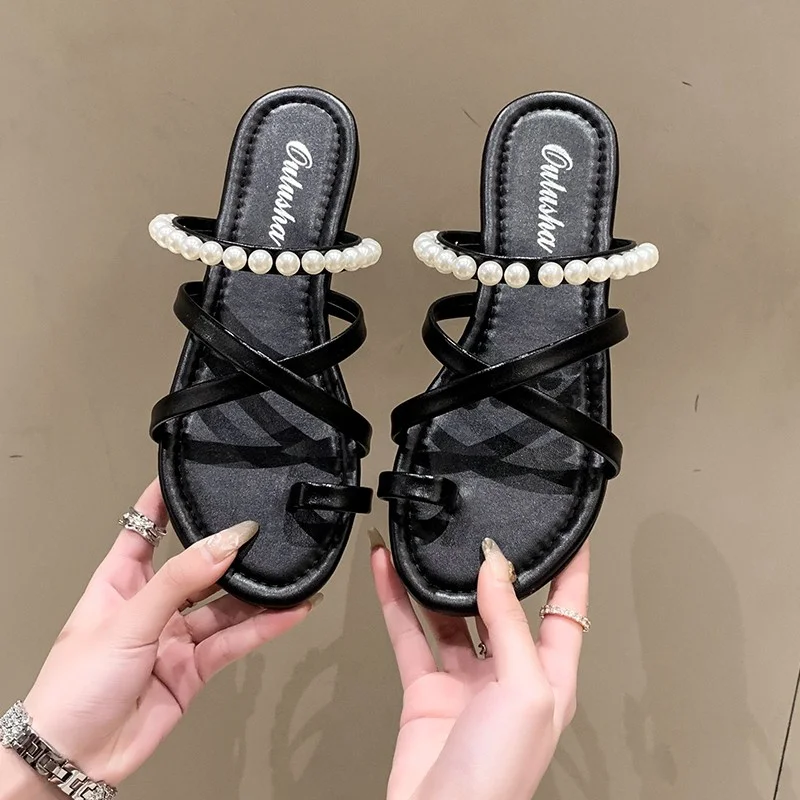 Platform Shoes Women's Slippers Flat Heel Platform Slippers Fashion Solid Color Beaded High Heels Women's Flip Flop Casual