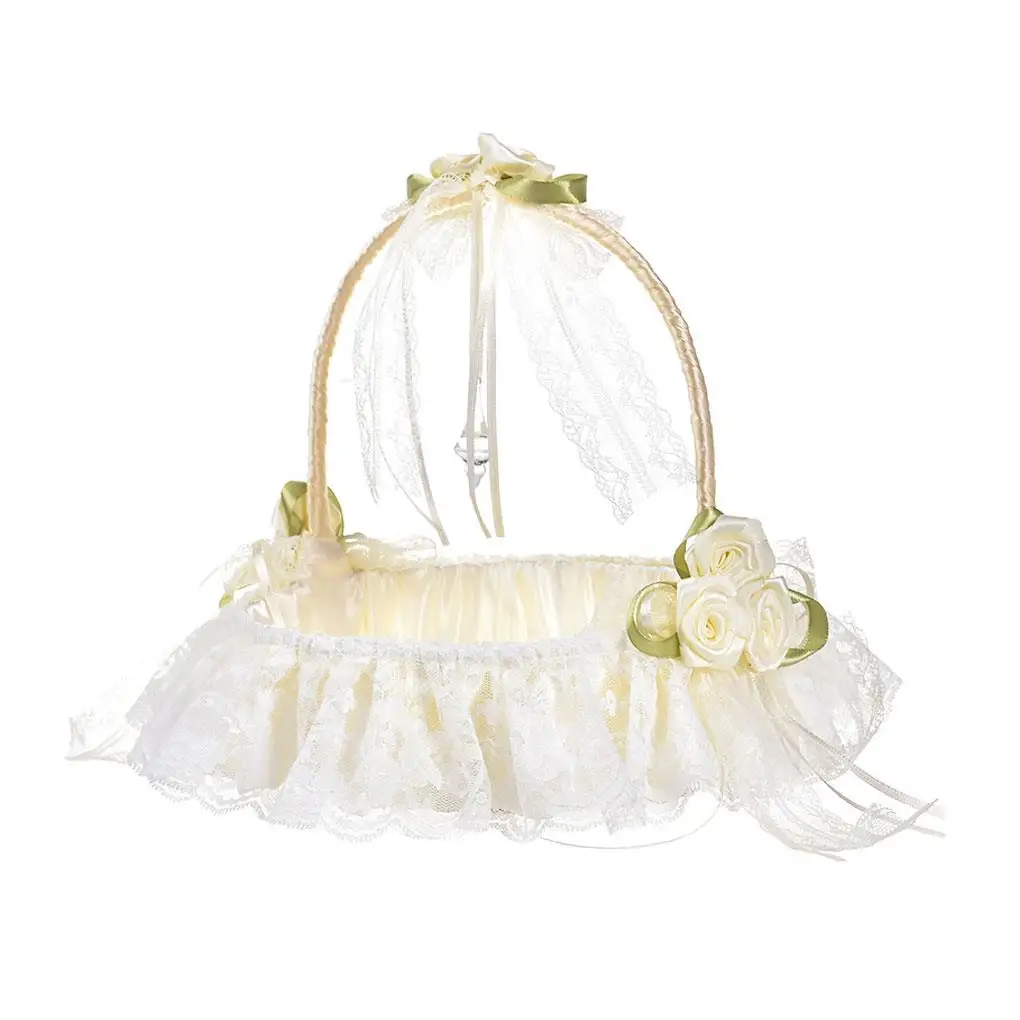 

Wedding Rose Flower Girl Basket Lace Flower Bowknot Wedding Engagement Ceremony Party Floral Candy Bride Basket