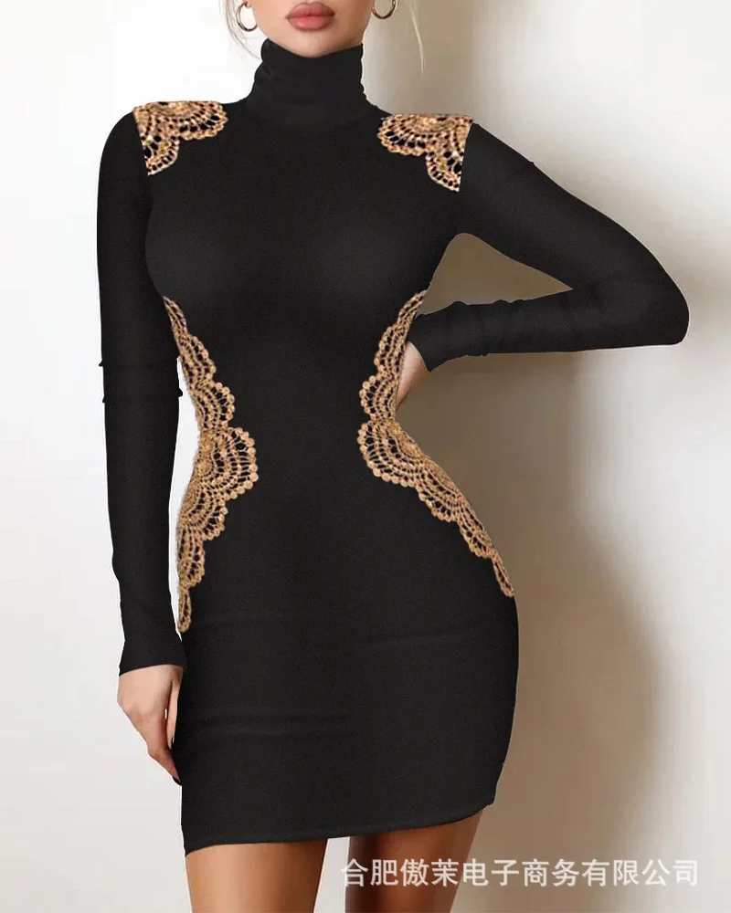 

Elegant Women Lace Decorative Splicing Tight Dress Autumn High Neck Black Mini Dresses 2021 Fashion Elegant Lady Bottoming Dress