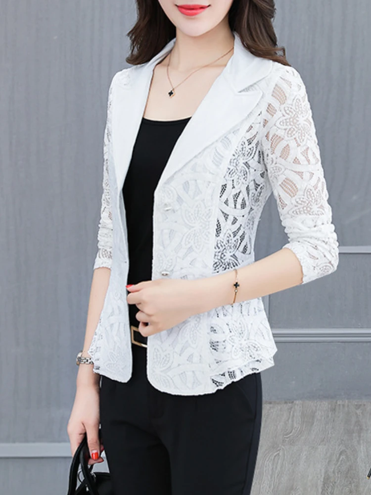

2022 Summer New Lace Short Thin Hollow Outside Cardigan Suit Jacket Jacket Women White Blazer Women Woman Office Hollow Out