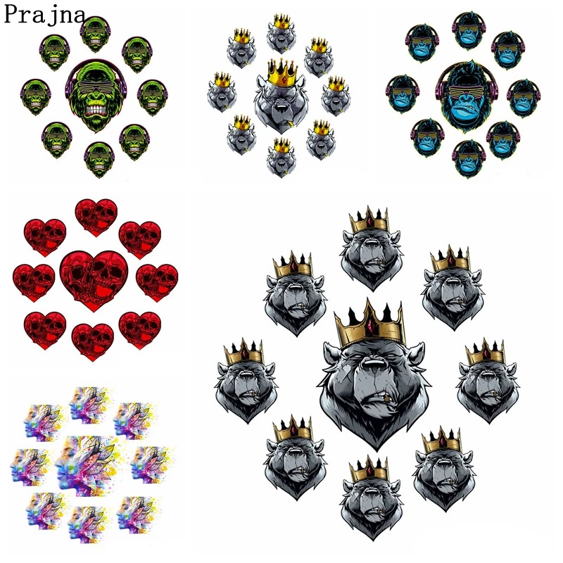 

Prajna 10PCS Gorilla Bear Iron On Transfer Punk Skull Heat Transfer Patches For Clothes Colorful Punk Animal Thermal Stickers