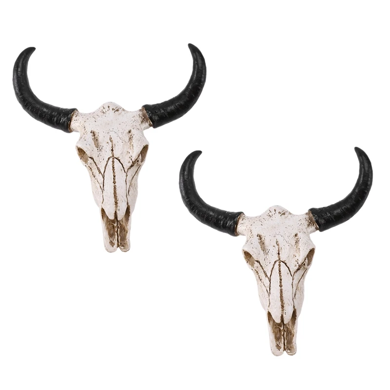 Hot 2X Resin Longhorn Cow Skull Head Wall Hanging Decor 3D Animal Wildlife Sculpture Figurines Crafts Horns For Home Decor