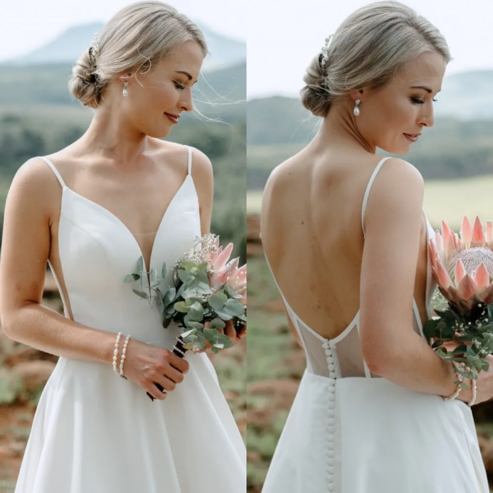 

Sexy A-Line Bridal Gown 2023 Spaghetti Straps V-Neck Backless Women Custom Made Satin Court Button Back Wedding Dress