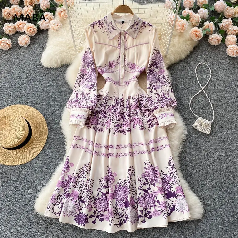 

Женское винтажное длинное платье, фиолетовое цветочное плиссированное платье средней длины на пуговицах с длинным рукавом, уличная одежда, модель 2022 на весну и осень