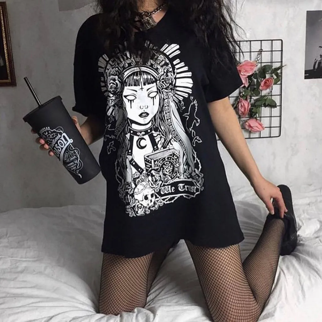 

Plus Size Women Street Gothic Style Punk Black Retro Printed Short Sleeve Dress