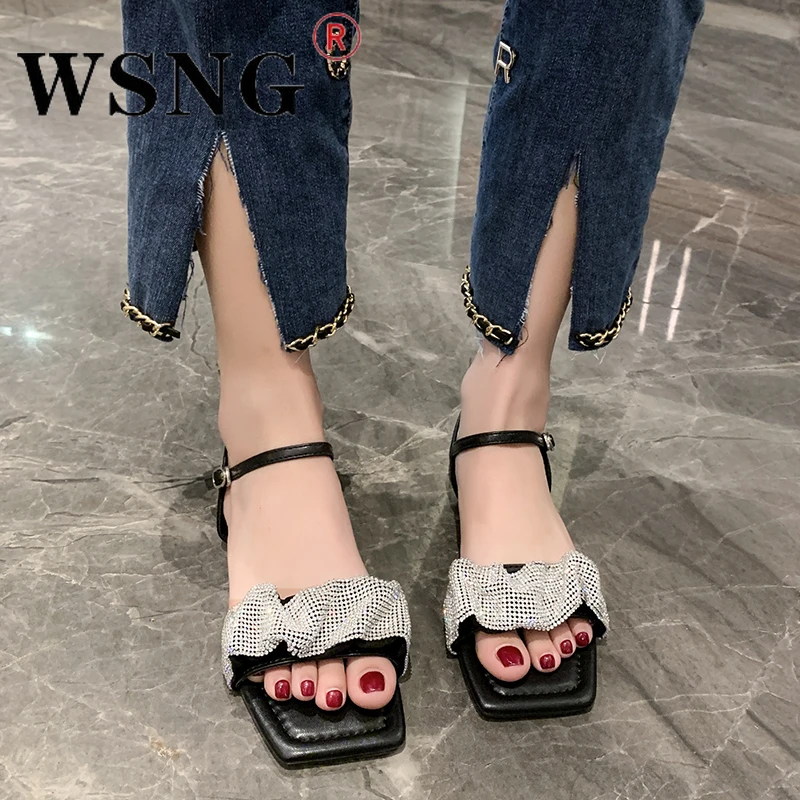

Summer New Fashion Square Toe Flat Women's Sandals One-word Buckle Elegant and Versatile Temperament Women's Shoes