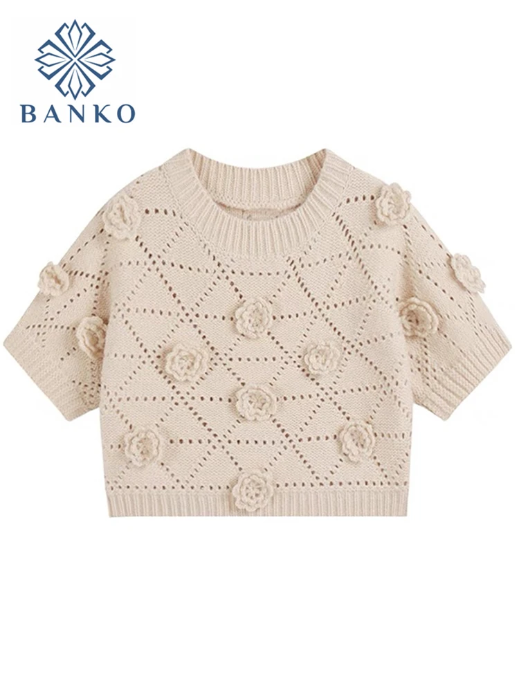

Women Knitted T-shirt Korean Fashion 2022 Spring Summer Loose O-neck Hollow Out Appliques Flower Short Sleeve Crop Tops Women