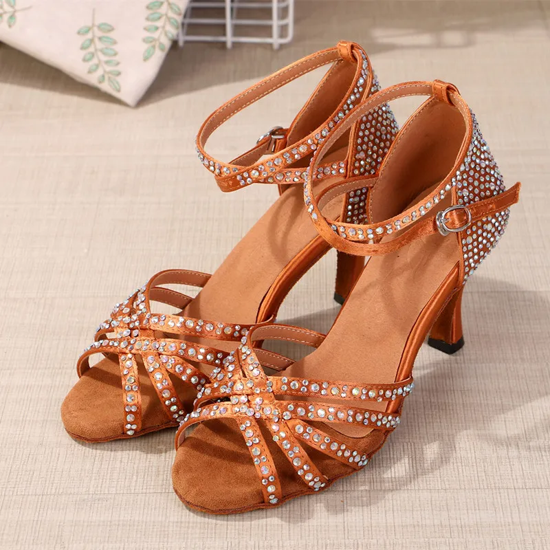 Professional Women Latin dance shoes  Ballroom medium high heel dance shoes drill Soft soled Cha cha rumba tango dance shoes
