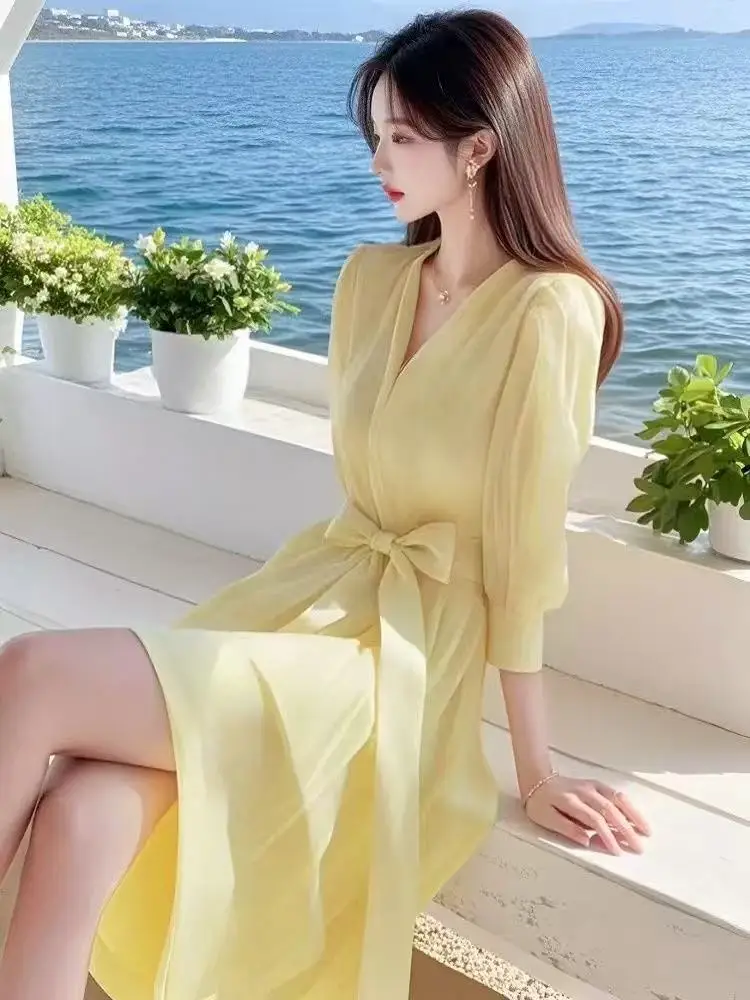 RAIN YAN LIN Модное шифоновое платье для женщин: V-образный вырез, завышенная талия, приталенный А-силуэт, длинное, красивое платье для пляжного отдыха (art.: 3920d7d212583) - 3920d7d212583