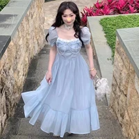 blue elegant fairy dress women bow bandage party midi dresses casual korean fashion lace chic lolita dress female 2022 summer