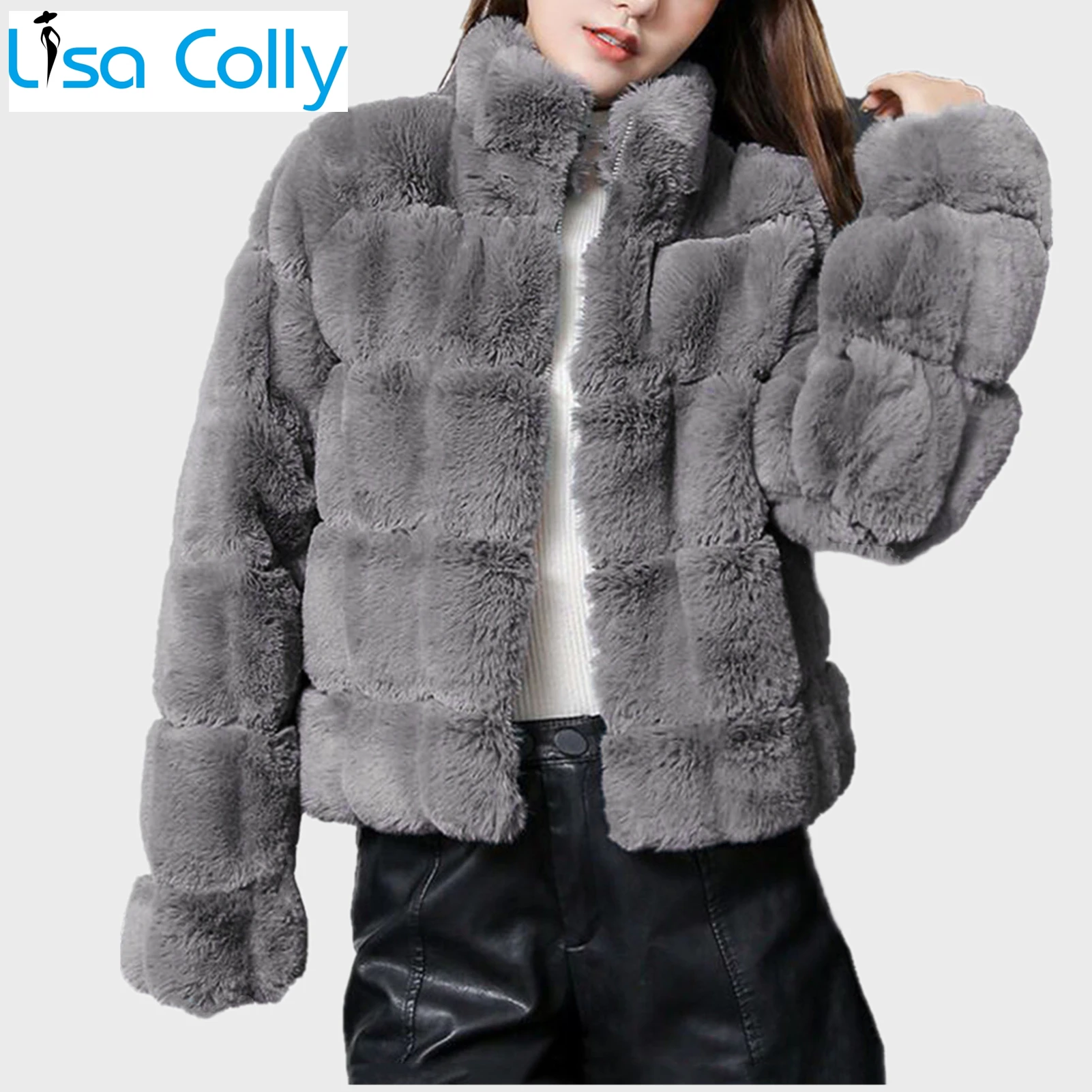 High Quality Women Winter Long Seleve Stand Collar Furry Faux Fur Coats Elegant Thick Warm Outerwear Fake Fur Jacket