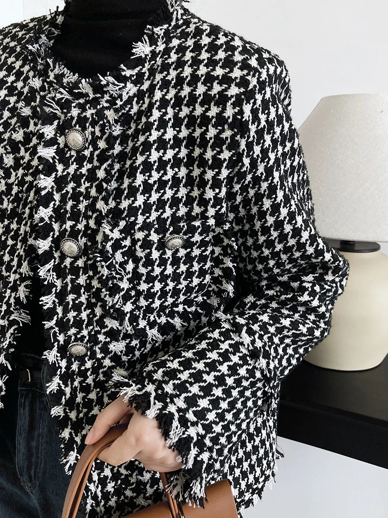 

Women's Houndstooth Pattern Tassel Tweed Coat High Quality Coat