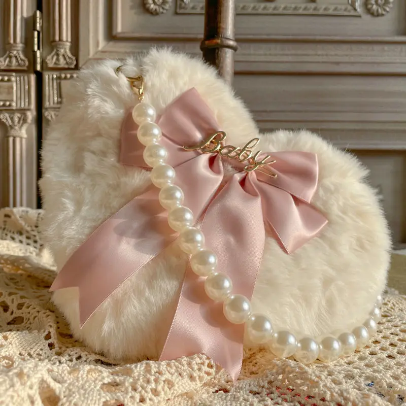

2022 Kawaii Little Lolita Shoulder Bag for Women Cute Heart Bowknot Fur Bag With Pearl Chain Female Small Handbag For Girl Pouch