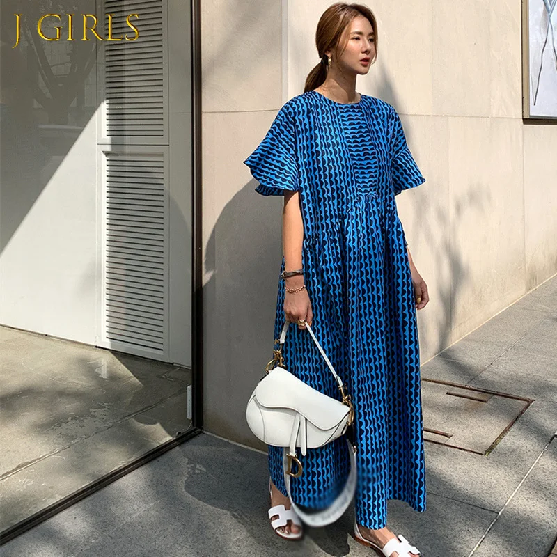 

Blue Print Casual Dress For Women O Neck Butterfly Sleeve Ankle Length Hit Color Korean Dresses Female Summer 2021 Style