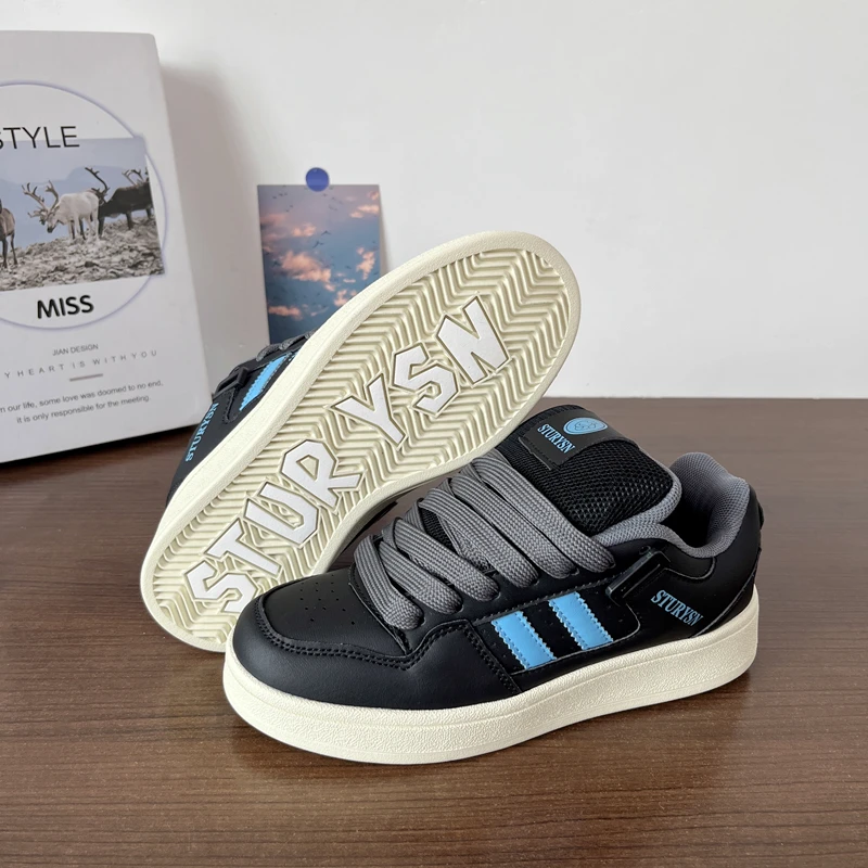 Hong Kong Sle Retro Dark Black Thick Bottom Bread Shoes Men's Ins Low Top Versatile Casual Couple Sneakers Women 2024 New