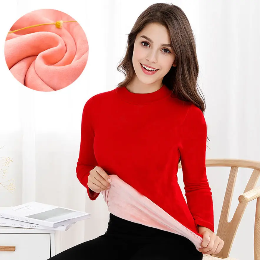 

Thermal Underwear Women's Thickened Plus Velvet One-piece Tops Qiuyi Students' Close-fitting Bottoming Fleece Sweaters In Winter