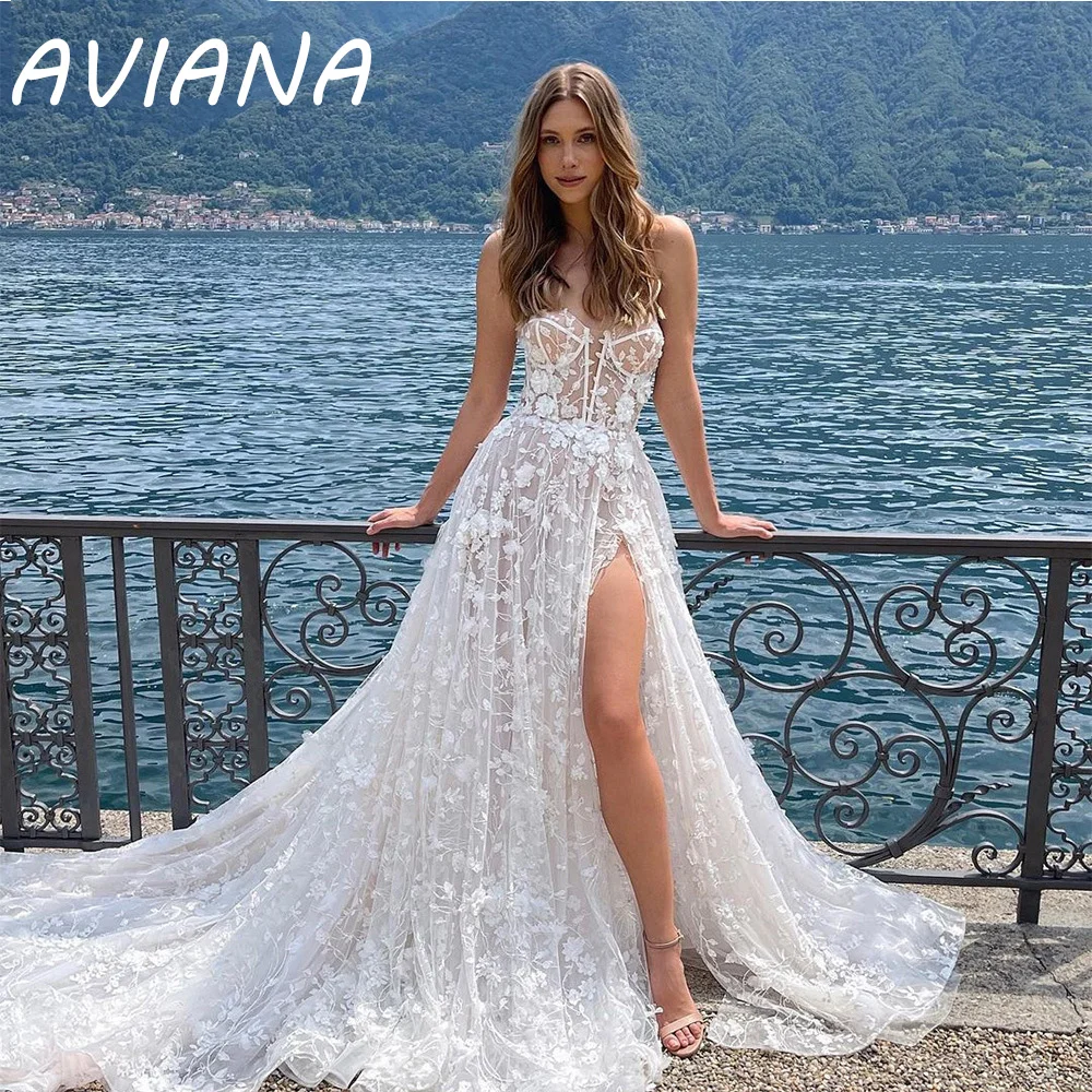 

Aviana Strapless Wedding Dress 2023 Illusion Sleeveless Split Backless Lace Appliques A Line Simple Bridal Gown Vestido De Noiva