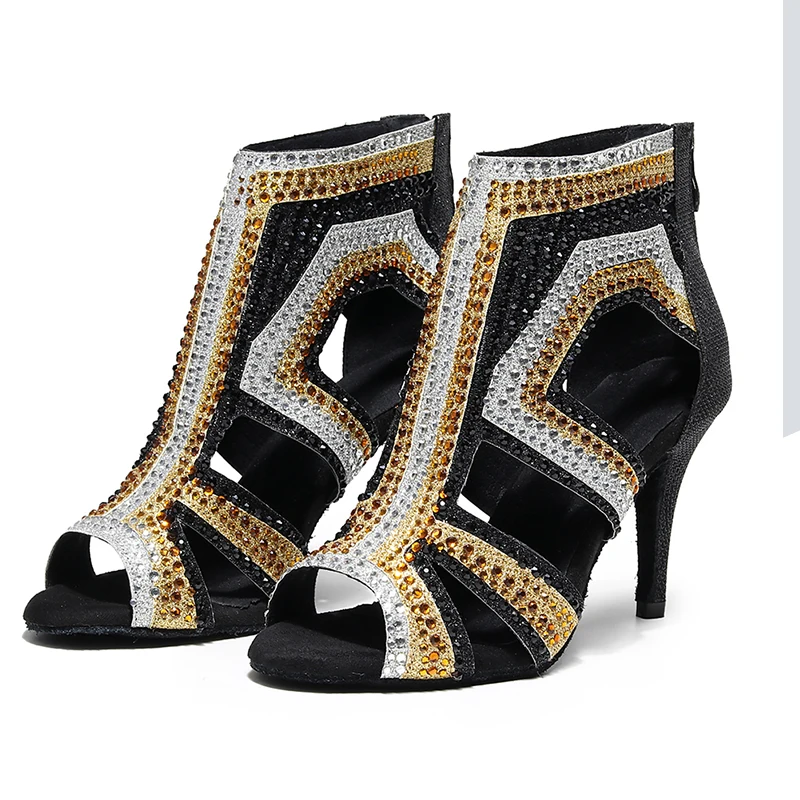 DKZSYIM Women's Latin Dance Shoes Rhinestones Black Salsa Dancing Shoes Woman Party Dance Boots Ballroom Shoes Suede Sole