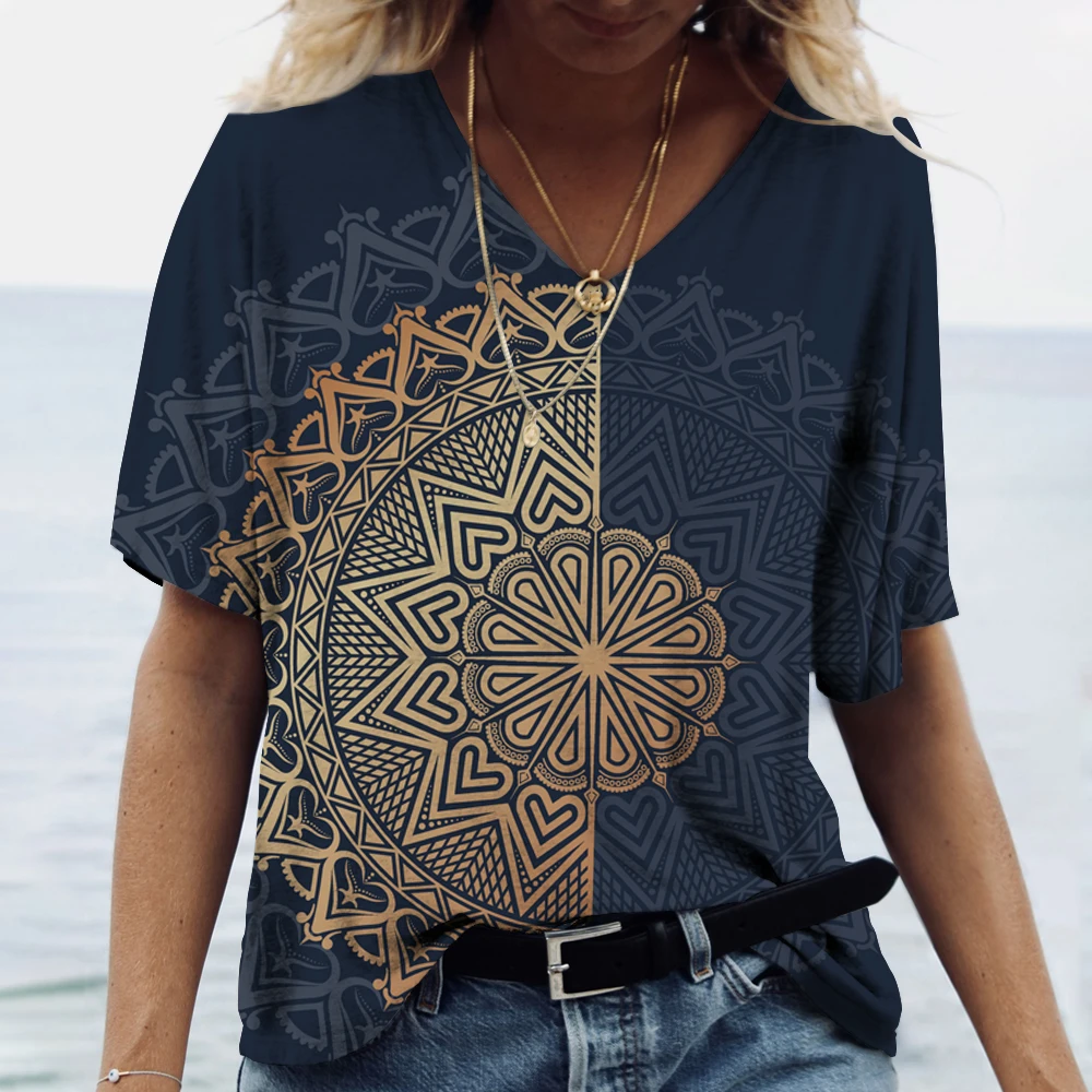 Купи Summer Women's T-shirt V-neck Short Sleeve Mandolin Geometric Pattern Printed Street Cool Tees Shirt Women's Oversized Clothing за 179 рублей в магазине AliExpress