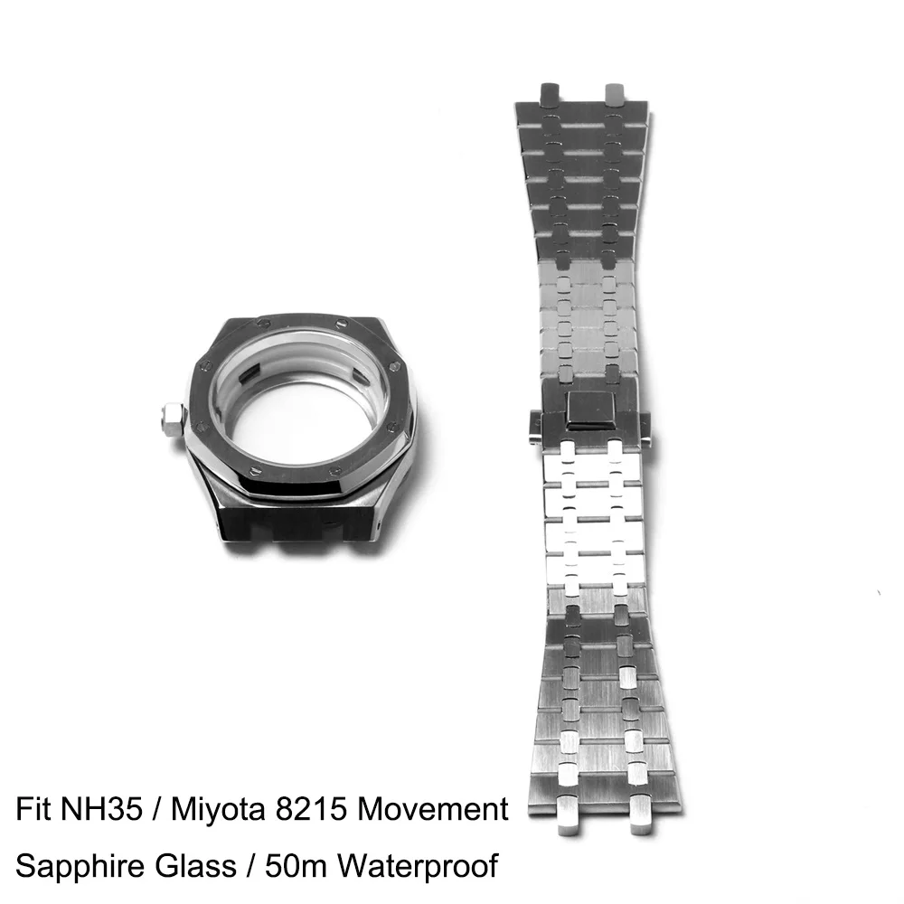

41mm Watch Case + Strap for NH35/NH36/4R36 Miyota 8215 Movement Sapphire Stainless Steel Watch Cover Replacement Wristwatch Band