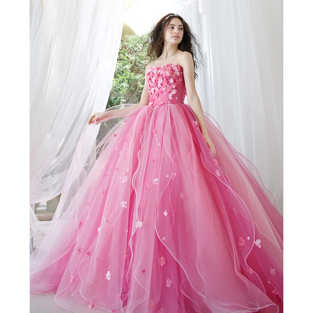 

Модное розовое платье для выпускного вечера с 3D цветами, элегантное бальное платье без бретелек и рукавов с рюшами, женское вечернее платье со шлейфом