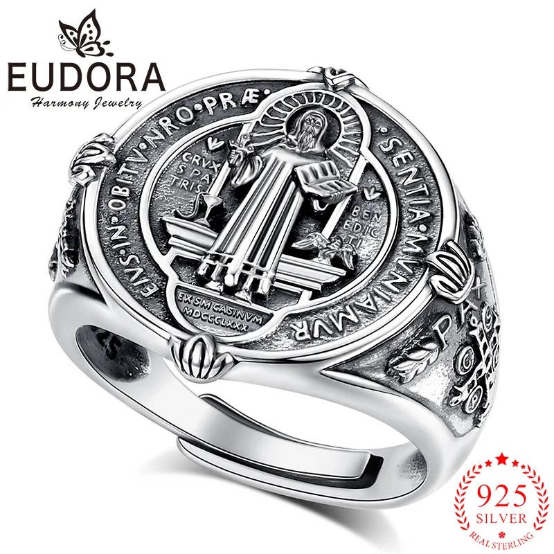 Фото Eudora, стерлинговое серебро 925 пробы, кольцо Святого Бенедикта, медаль Сан-Бенито, регулируемое кольцо, католические украшения, религиозный подарок для мужчин и женщин №1