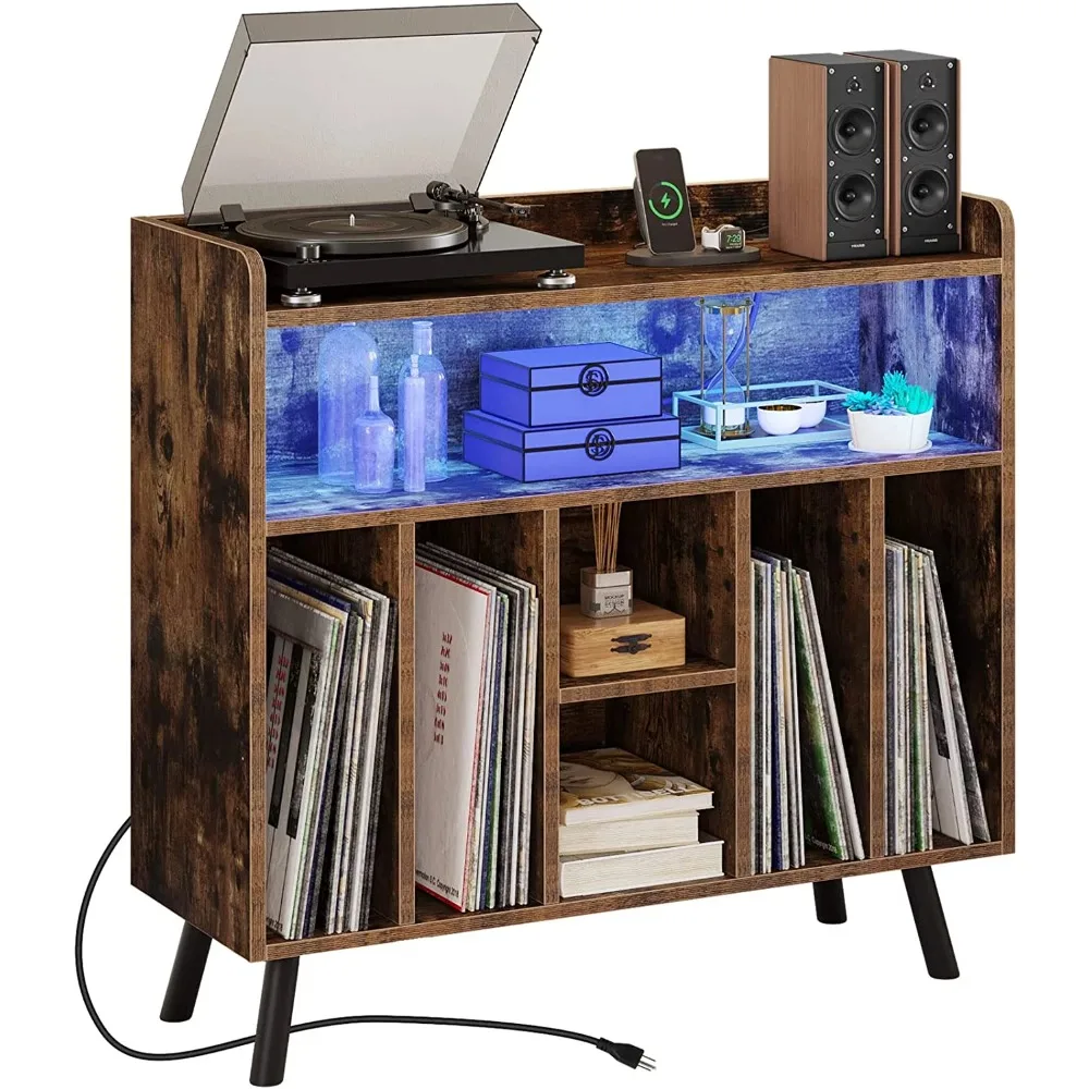 

Record Player Stand with Power Outlets and LED Lights Vinyl Record Storage Table Turntable Stand Holds Up To 200 Albums